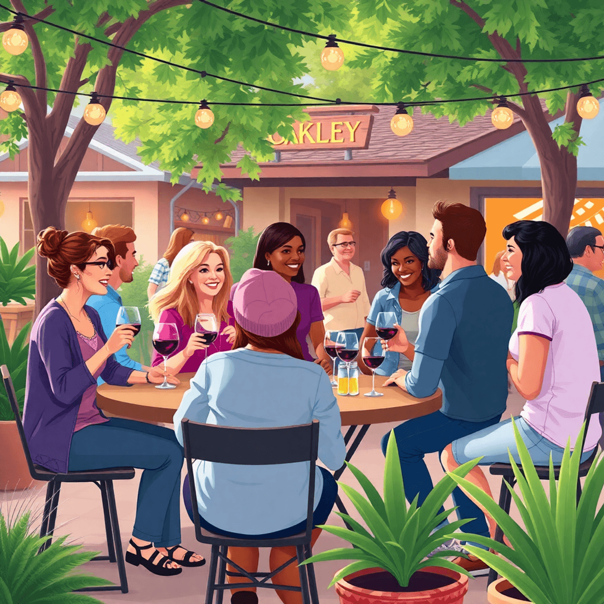 A lively community gathering in Oakley, California, showcasing singles enjoying wine tasting and trivia nights amidst lush greenery and a cozy venue.