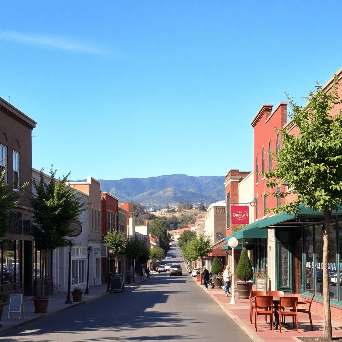 A scenic view of downtown Morgan Hill with charming architecture, vibrant storefronts, outdoor cafes, and the Santa Cruz Mountains under a clear bl...