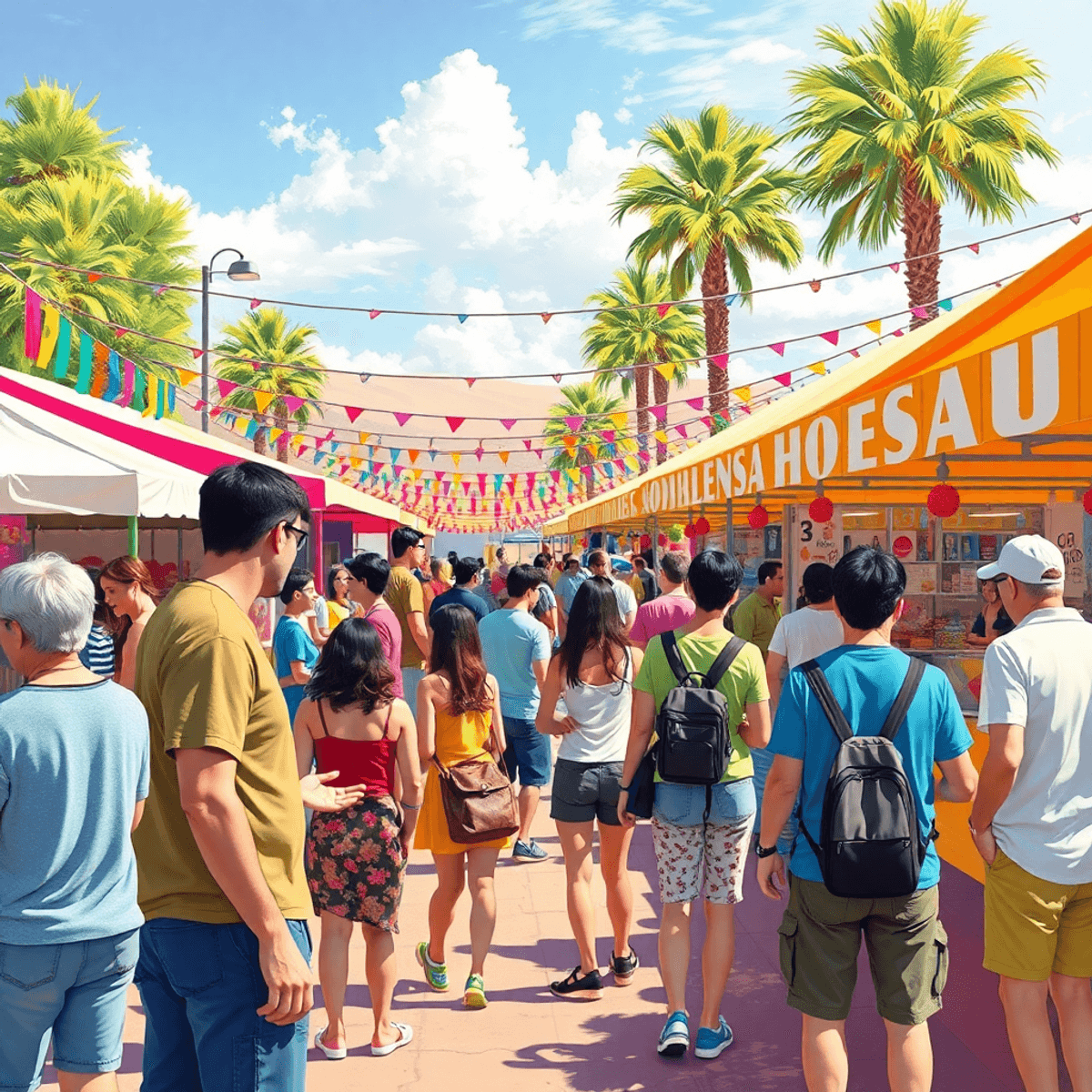 A lively outdoor festival in Ceres, California, featuring food stalls, colorful decorations, and people enjoying music and activities while sociali...