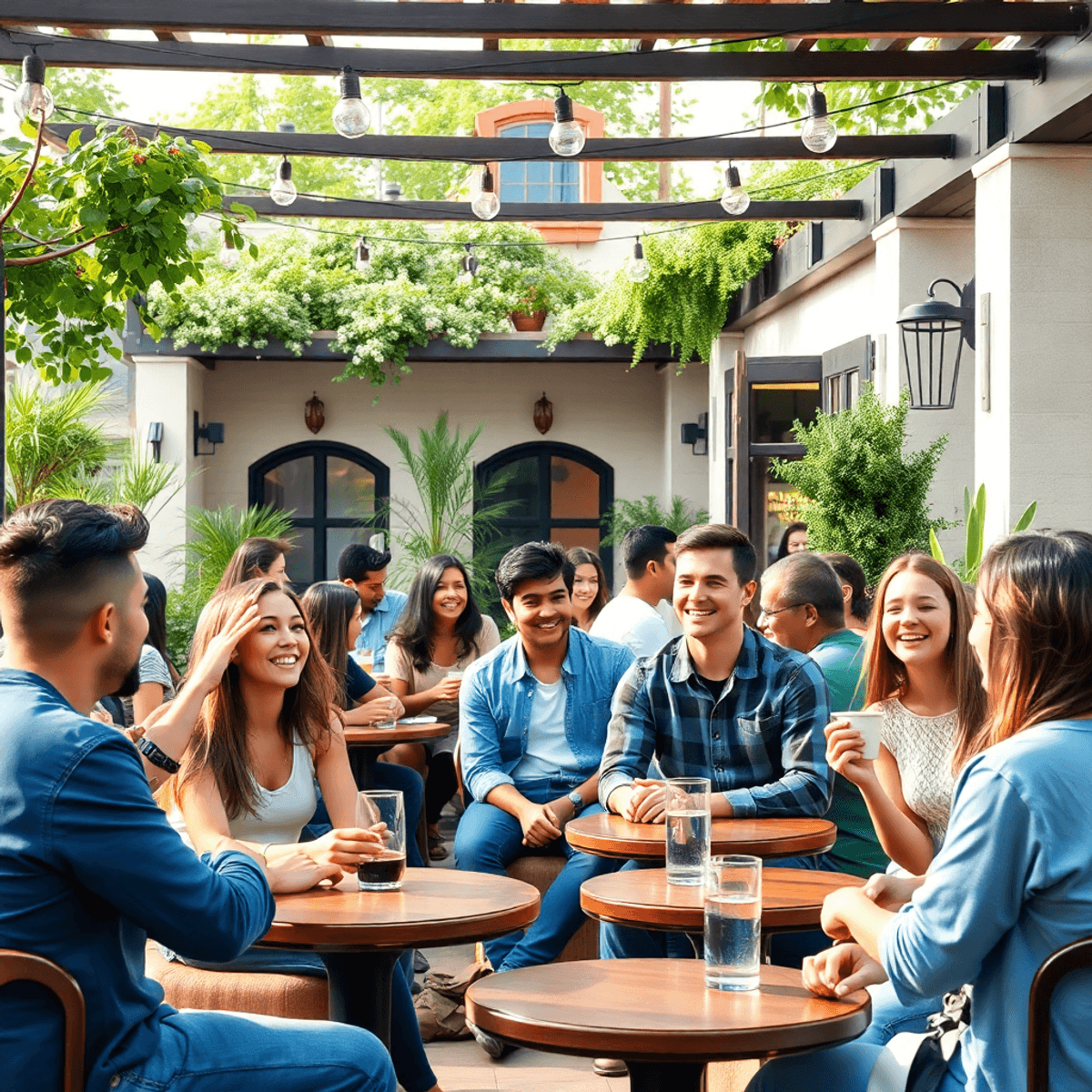 A lively outdoor café in Azusa, California, filled with young adults enjoying conversation and laughter amidst greenery and charming architecture.