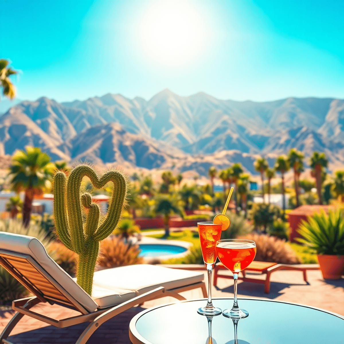 A sunny Palm Springs landscape featuring the San Jacinto Mountains, a heart-shaped cactus, a stylish lounge chair, and a cocktail on a table, evoki...