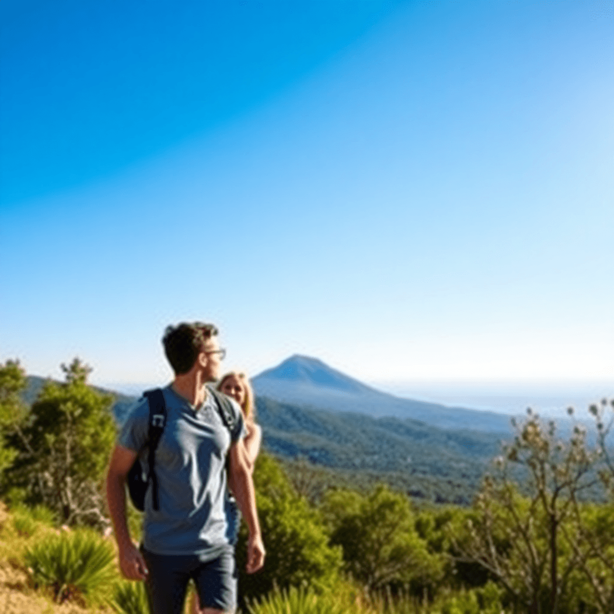 A couple casually hiking in lush greenery with Bishop Peak in the background under a clear blue sky, embodying adventure and connection in San Luis...