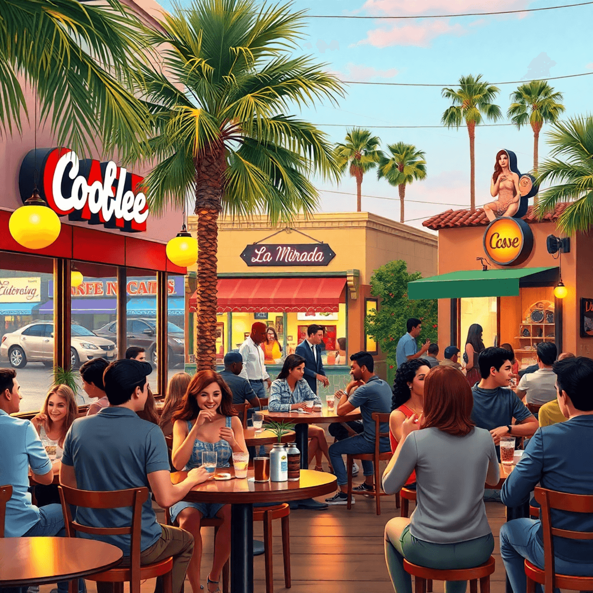 A lively coffee shop in La Mirada, California, filled with singles chatting, surrounded by palm trees and local cultural elements, creating a warm ...