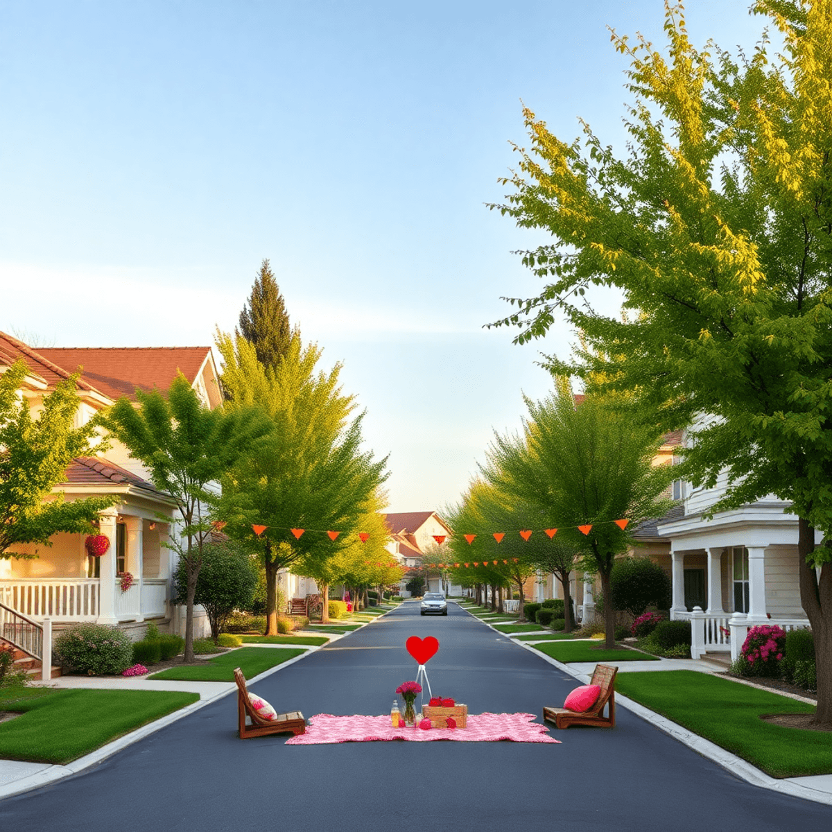 A picturesque suburban street with charming houses, lush trees, and heart-shaped decorations, creating a romantic picnic atmosphere that fosters co...