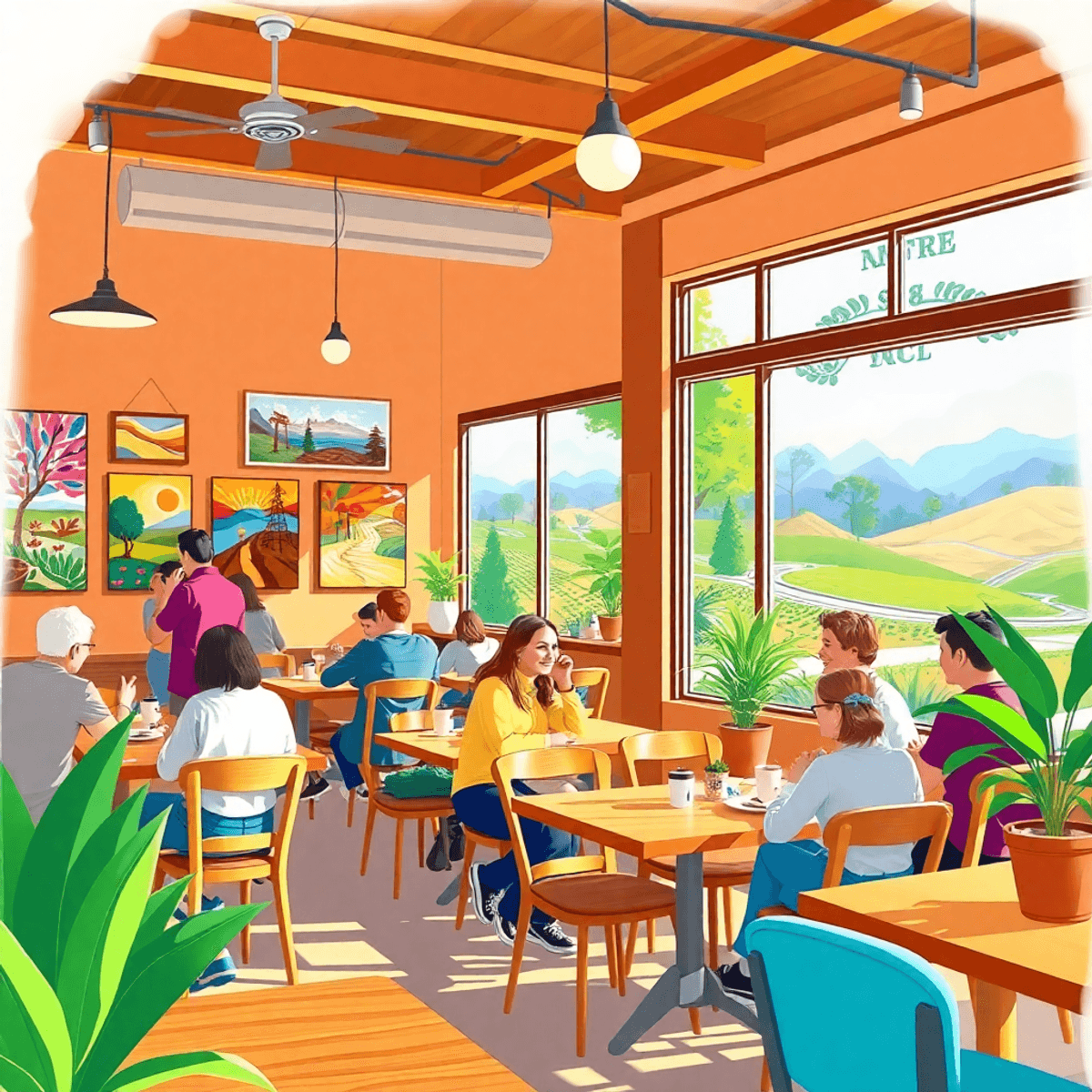 A cozy coffee shop filled with people chatting over coffee, colorful artwork displayed in the background, and scenic outdoor trails visible through...