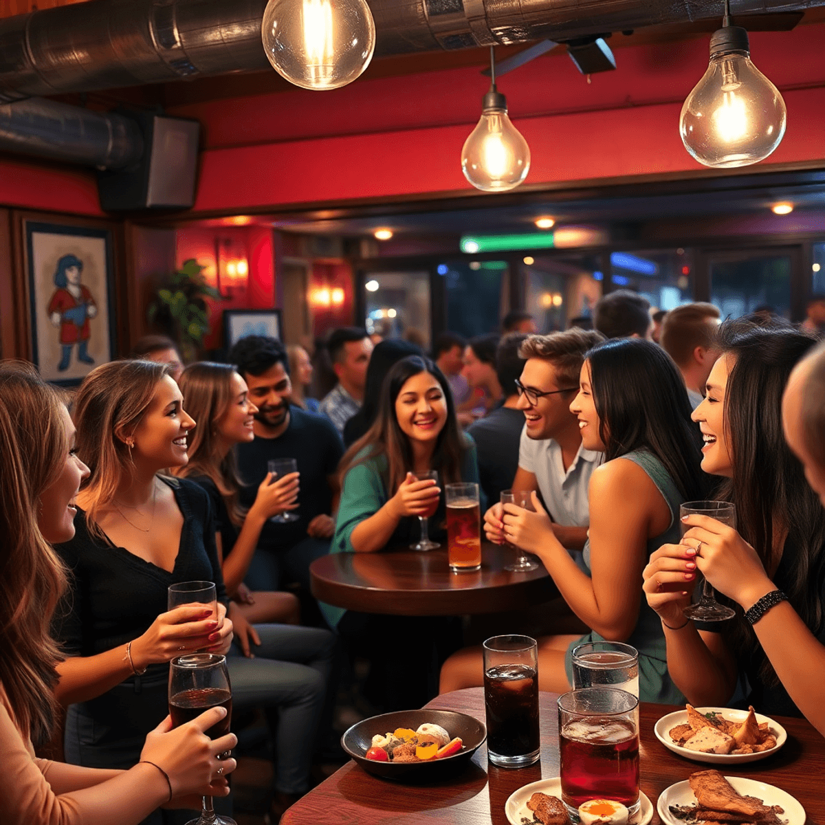 A lively social gathering in a cozy bar, with young adults engaged in conversation and laughter, surrounded by drinks and tapas in a warm, inviting...