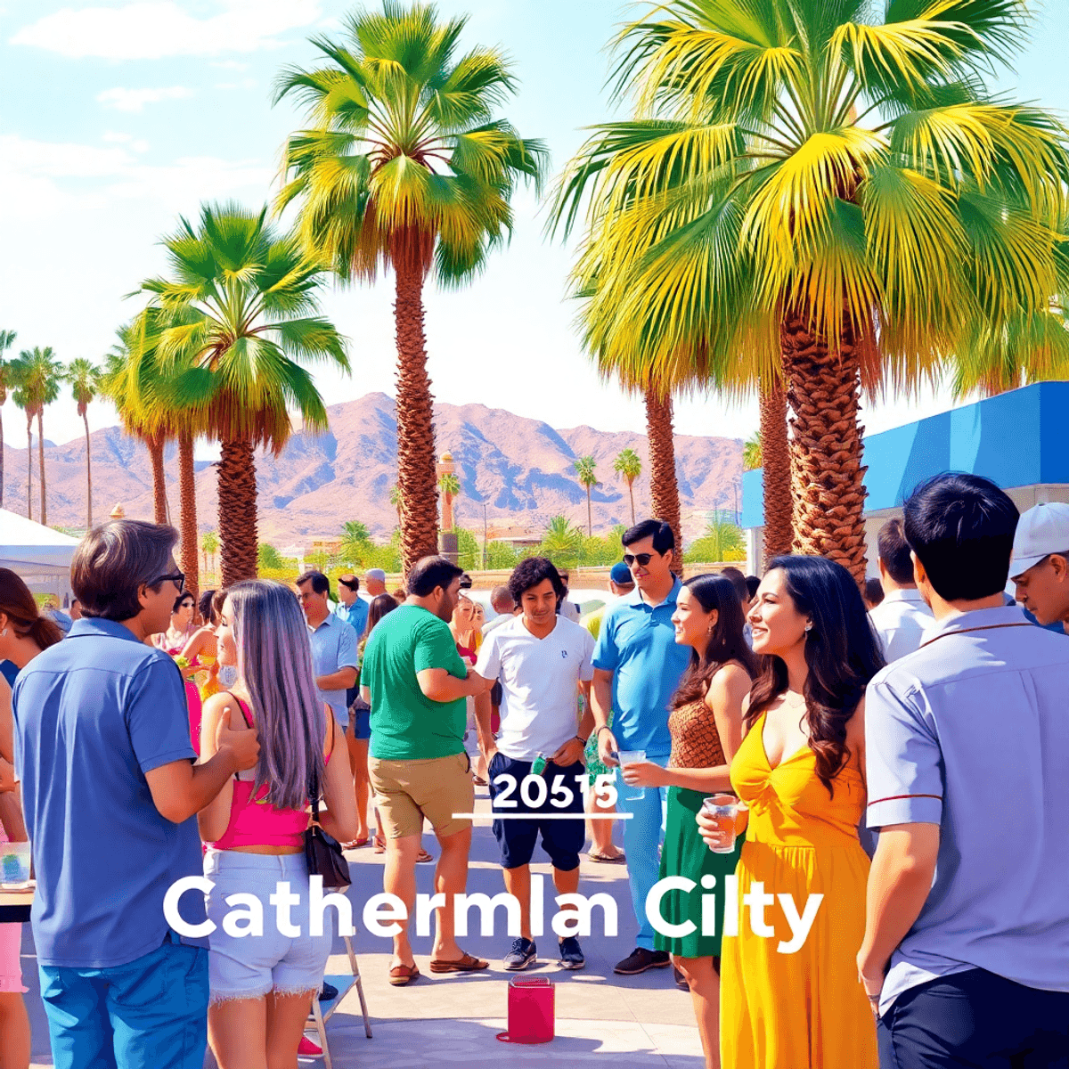 A lively outdoor social event in Cathedral City, with singles engaging in conversation and activities amidst palm trees and a vibrant desert landsc...