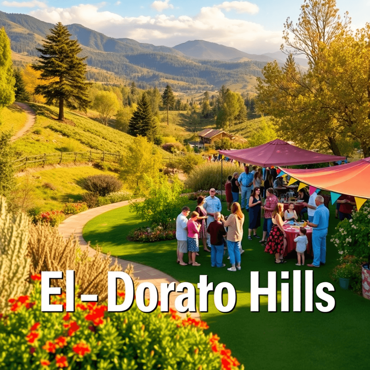 A lively outdoor scene in El Dorado Hills, showcasing scenic hiking trails, wine tasting setups, and colorful festival decorations with people enga...