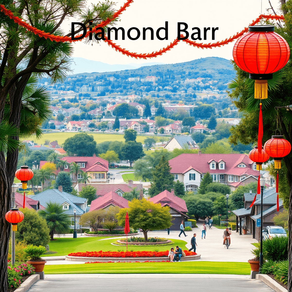 A scenic view of Diamond Bar, California, featuring lush parks and community spaces adorned with colorful cultural symbols, creating a warm and inv...