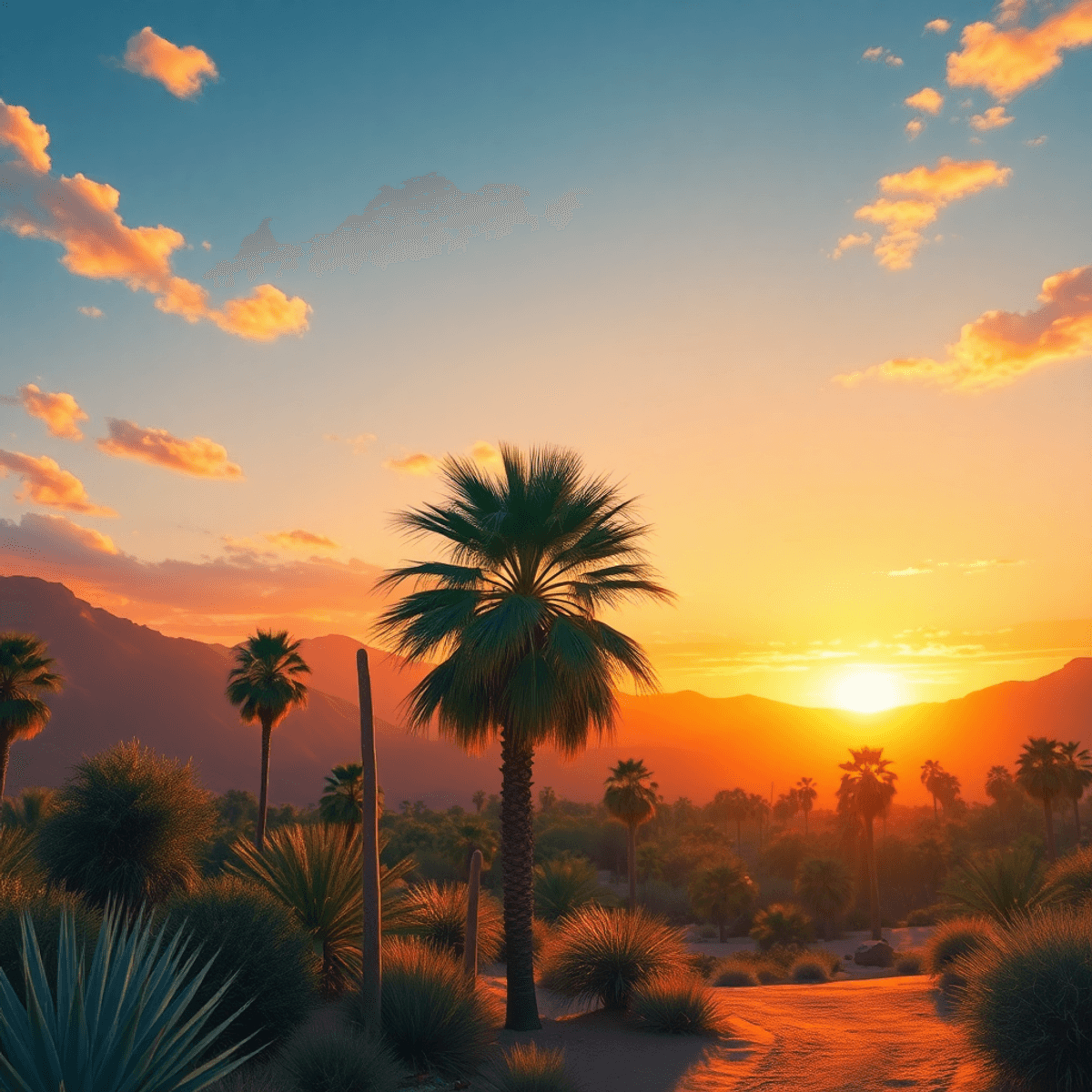 A picturesque Palm Desert landscape with palm trees and a stunning sunset, featuring hiking trails and picnic spots, evoking romance and adventure.