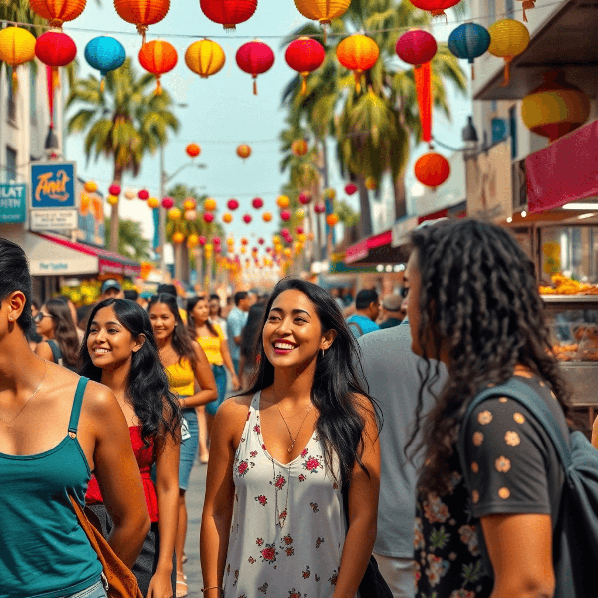 A lively street scene at a cultural festival, featuring people enjoying food stalls and colorful decorations, highlighting community spirit and con...
