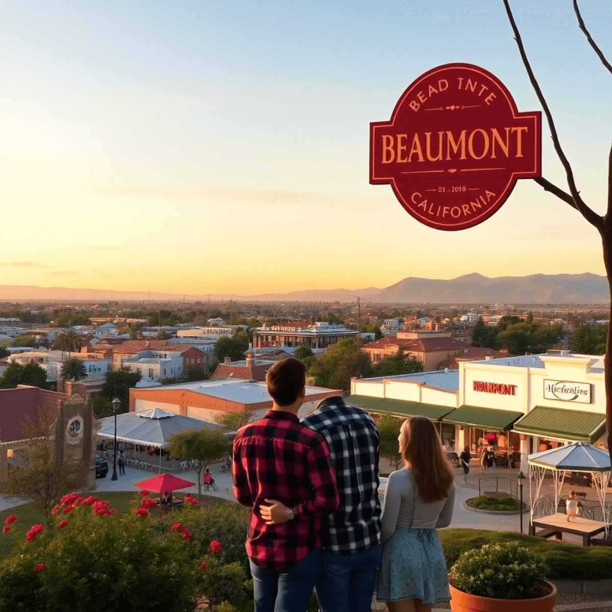 A picturesque sunset over Beaumont, California, showcasing local parks and couples enjoying outdoor activities, evoking a sense of intimacy in a ch...