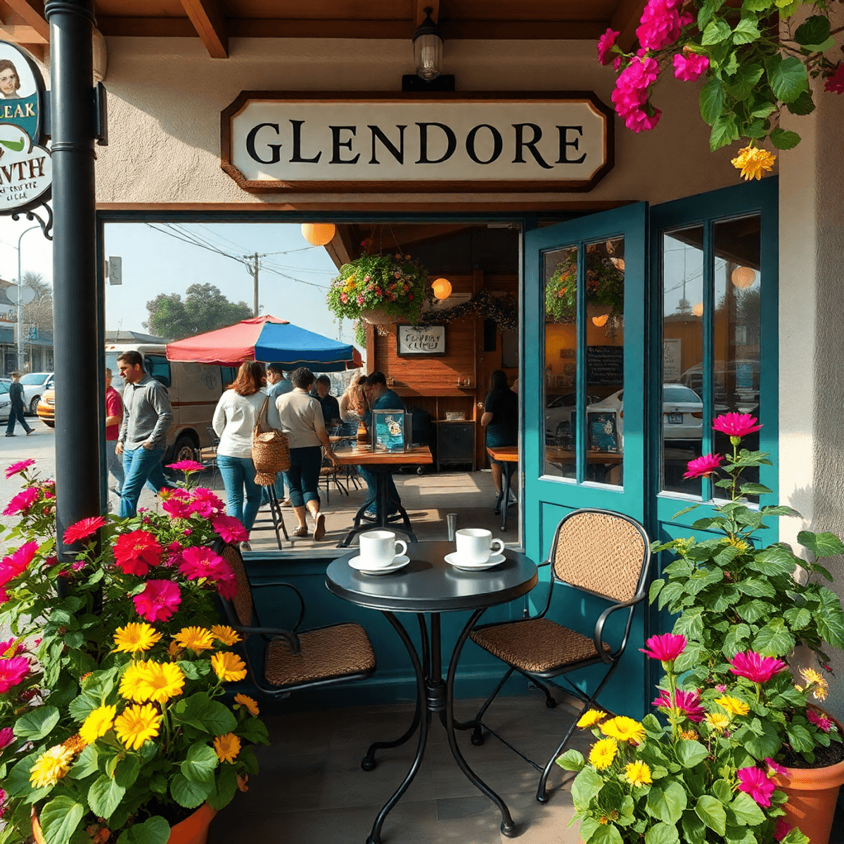 A cozy café in Glendora with outdoor seating, vibrant flowers, coffee cups, and a small table for two, embodying a welcoming atmosphere for local d...