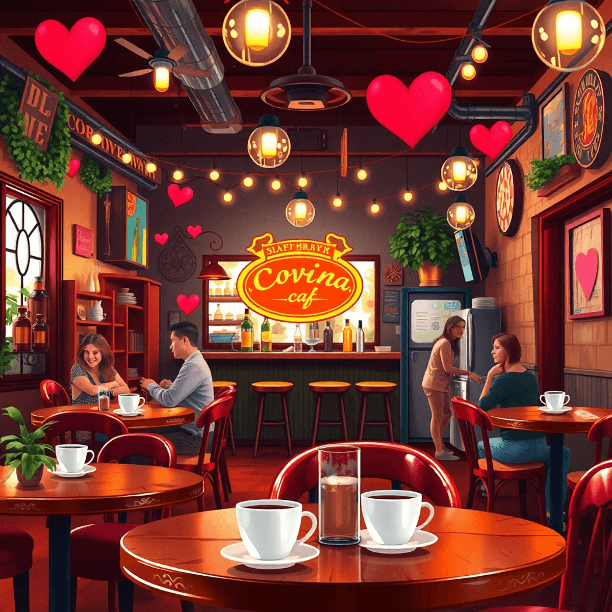 A cozy cafe in Covina, California, featuring coffee cups and heart decorations, creating a warm and inviting atmosphere for social gatherings and c...