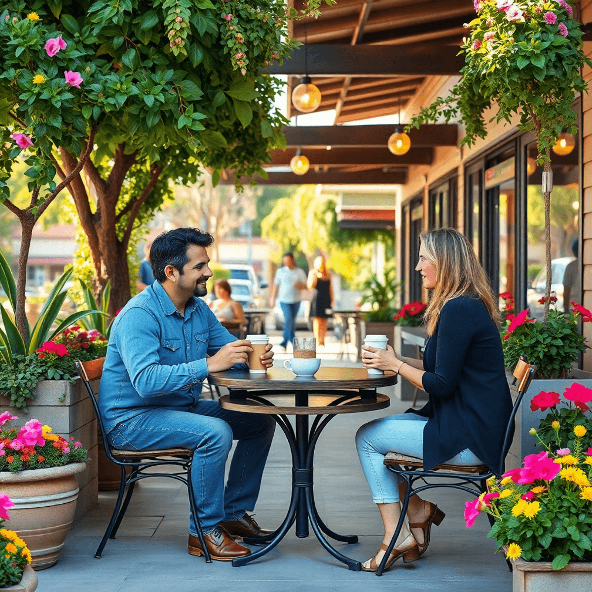 A couple enjoys coffee at a cozy outdoor café, surrounded by lush greenery and colorful flowers, creating a warm and inviting community atmosphere.