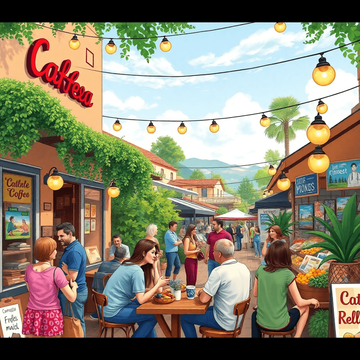 A lively coffee shop scene in La Mesa, California, with people chatting, local market stalls featuring fresh produce, and art displays amidst live ...