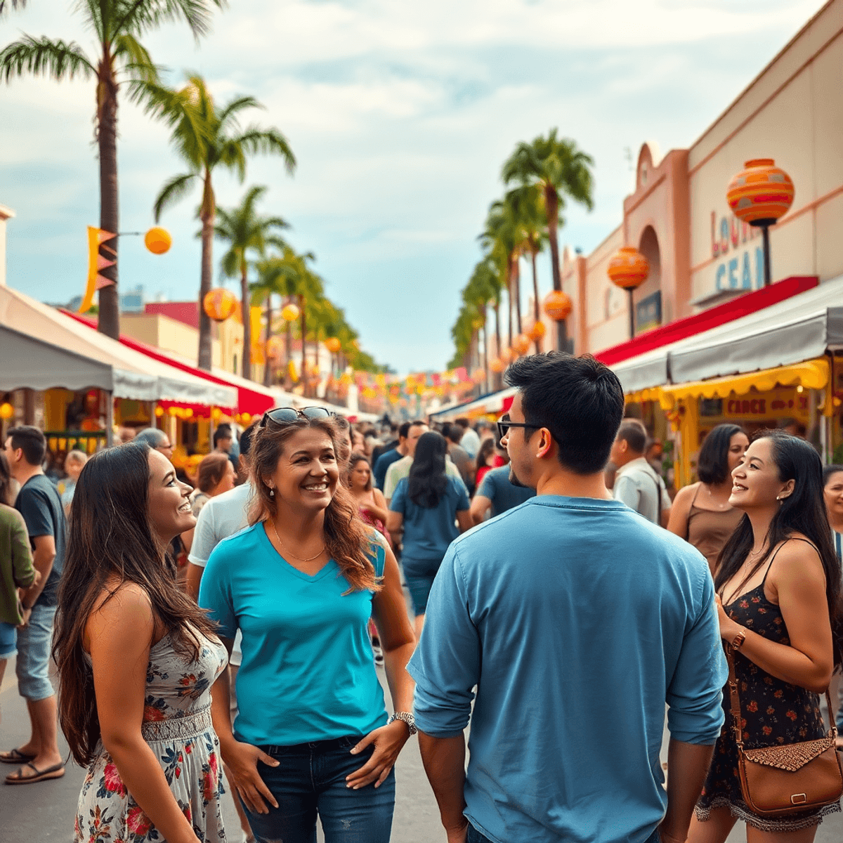 A lively outdoor community event in Pico Rivera with colorful decorations, food stalls, and people mingling under palm trees, capturing the essence...