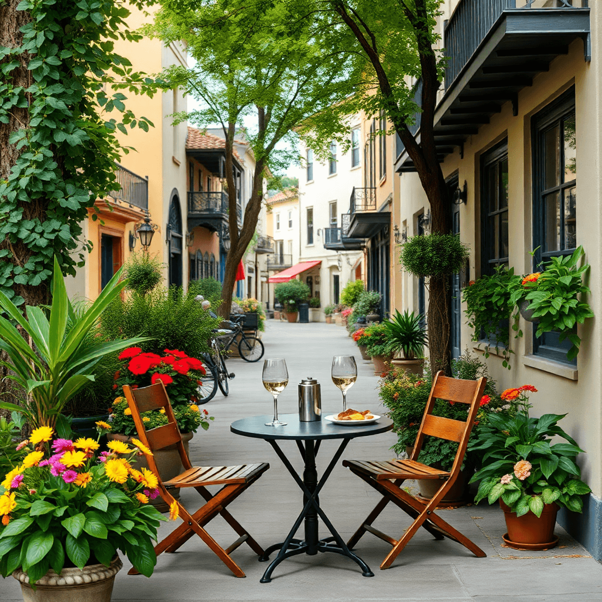 A cozy outdoor dining setup for two amidst lush greenery and colorful flowers, with wine glasses and a small plate of food, framed by historic buil...