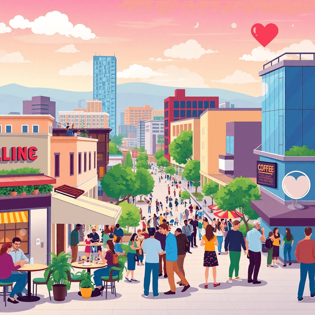 A vibrant cityscape of Cupertino with modern architecture, bustling coffee shops, outdoor social events, and abstract digital symbols representing ...