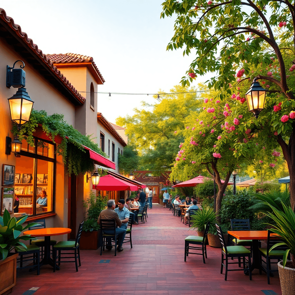 A lively scene of popular dating spots in Arcadia, California, featuring a cozy coffee shop, a romantic restaurant, and the lush greenery of the Ar...
