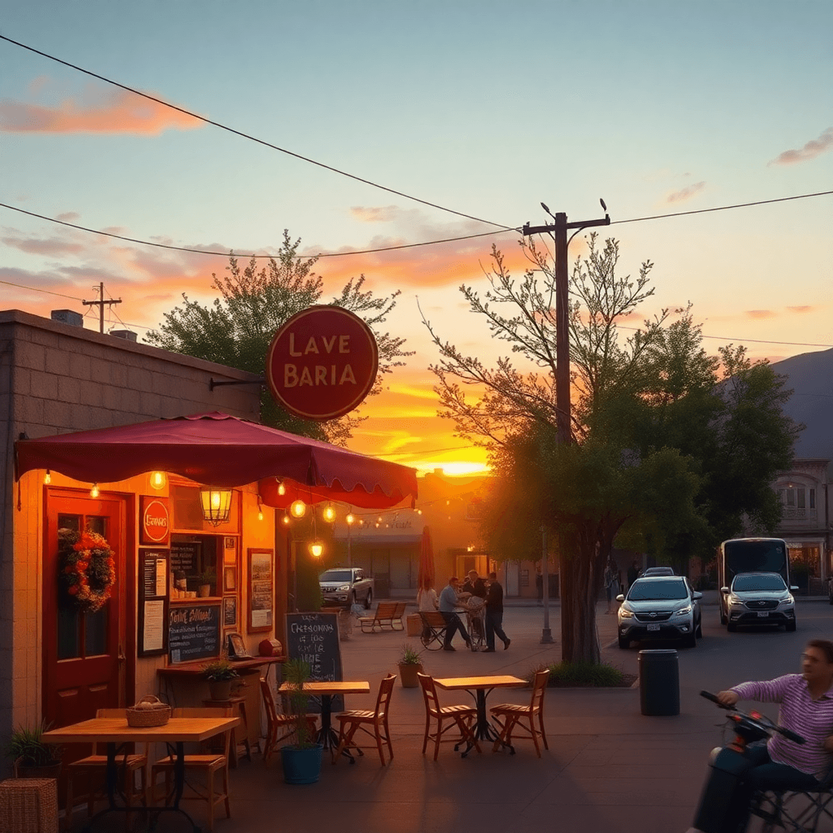 A cozy street scene in Florence-Graham, California, showcasing a local restaurant with a sunset backdrop, evoking warmth and community spirit.