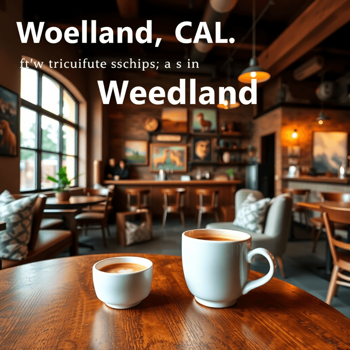A cozy coffee shop with rustic decor, warm lighting, a steaming cup of coffee on a table, and local artwork on the walls, creating an inviting atmo...