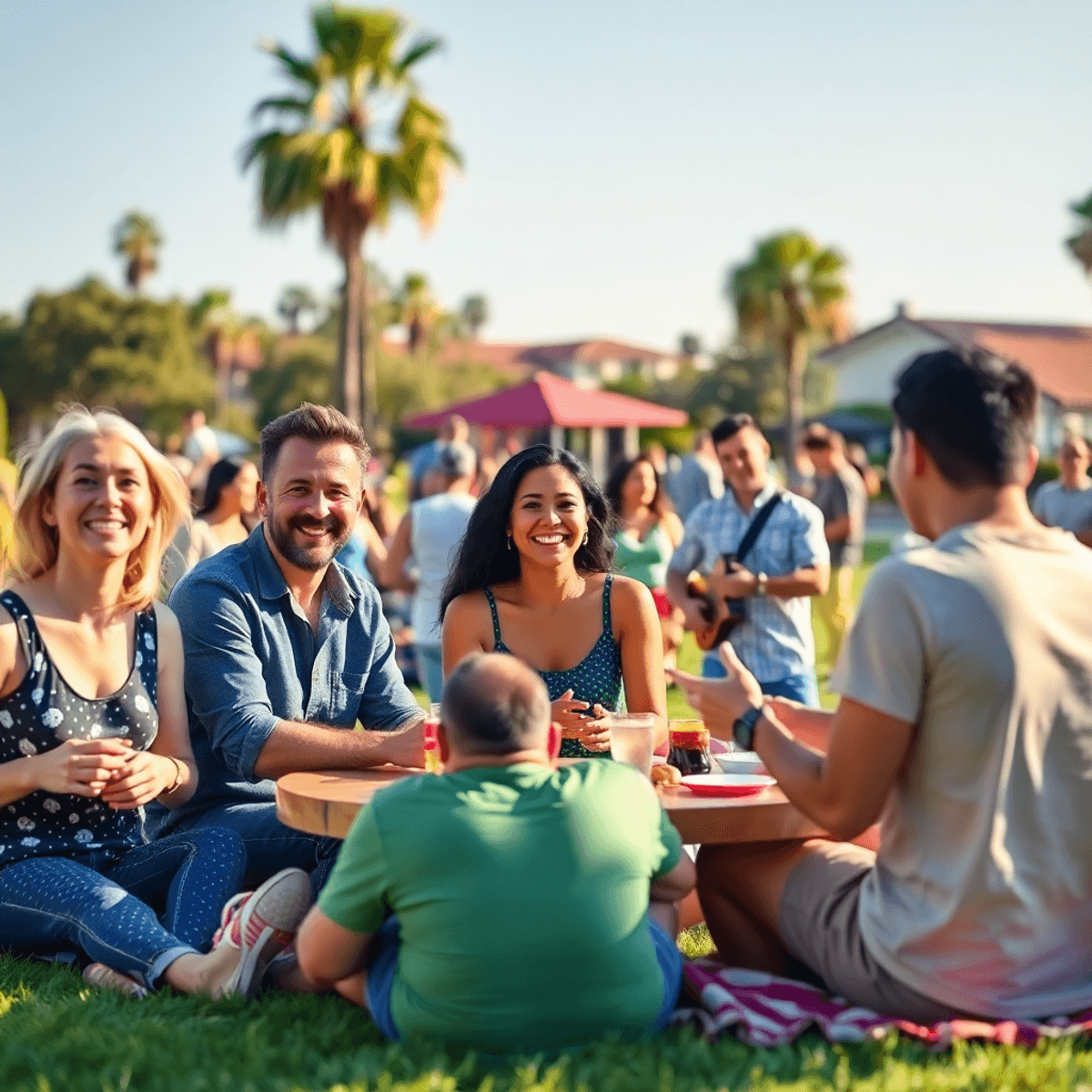 A lively community gathering in a park, featuring singles picnicking, playing games, and enjoying live music under warm sunlight, creating a vibran...