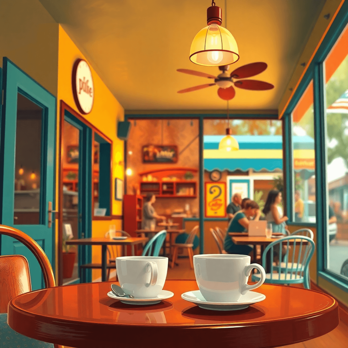 A cozy coffee shop scene featuring coffee cups on a table, with people socializing in the background, creating a warm and inviting atmosphere of co...