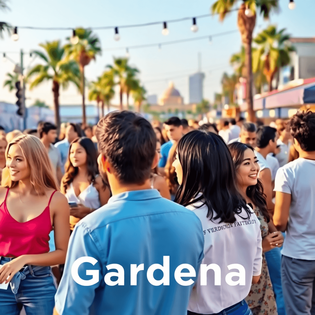 A lively outdoor social event with a diverse group of singles engaging in games and conversations, surrounded by palm trees and local landmarks in ...