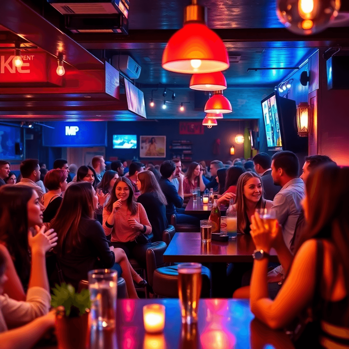 A lively bar scene in San Rafael at night, featuring cozy seating, colorful lights, and young professionals enjoying drinks and conversation in a w...