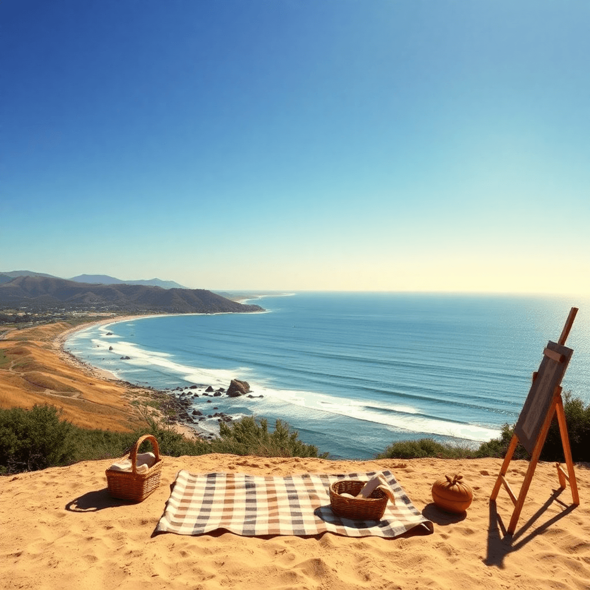 A scenic coastal view of Laguna Niguel, featuring the Pacific Ocean, rolling hills, a beach picnic setup with a blanket and basket, and an easel ne...