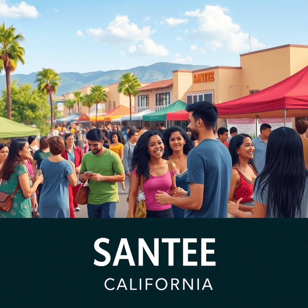 A lively community event in Santee, California, featuring singles enjoying food stalls, games, and socializing outdoors in a vibrant atmosphere.