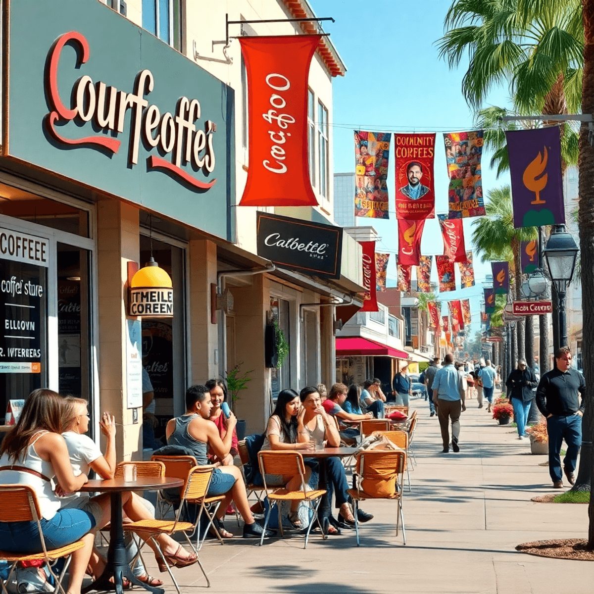 A lively street scene in Montebello featuring a cozy coffee shop with outdoor seating, colorful community event banners, and people enjoying engagi...