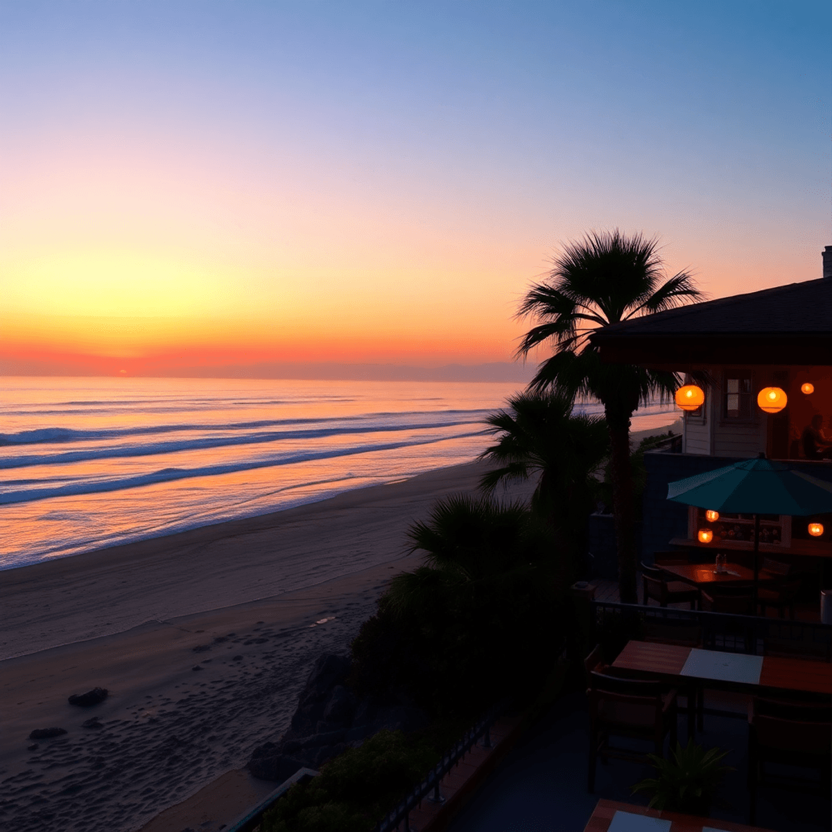 A picturesque sunset over Encinitas beach, with gentle waves, silhouetted palm trees, and a cozy café nearby, creating a relaxed atmosphere perfect...
