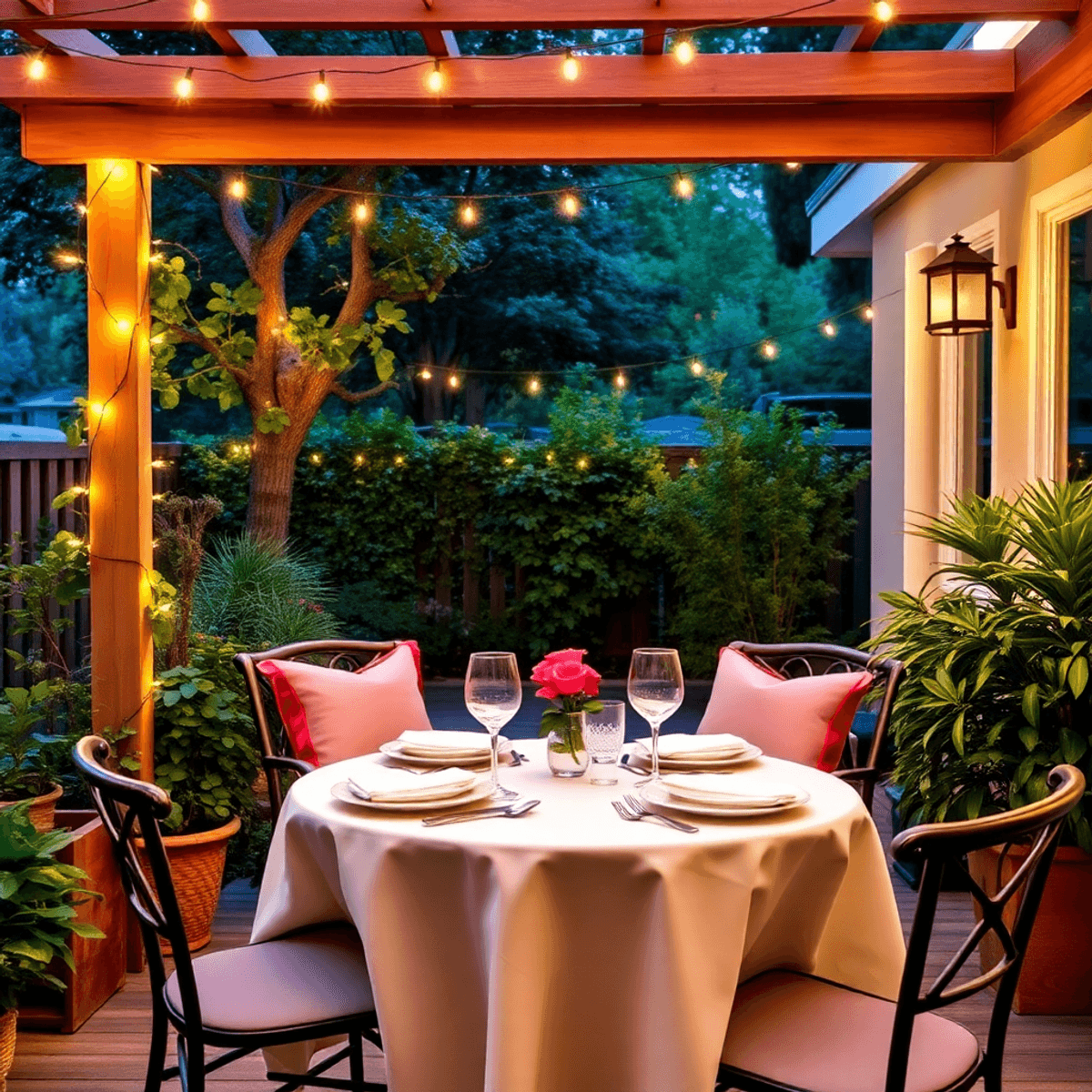 A cozy outdoor dining setting for two, featuring elegant dinnerware, surrounded by lush greenery and twinkling fairy lights, creating a romantic at...