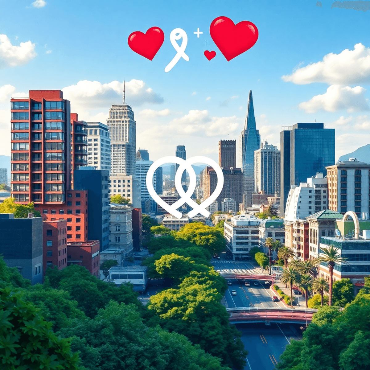 A colorful cityscape of South San Francisco showcasing modern buildings and greenery, adorned with heart shapes and rings, symbolizing connection a...