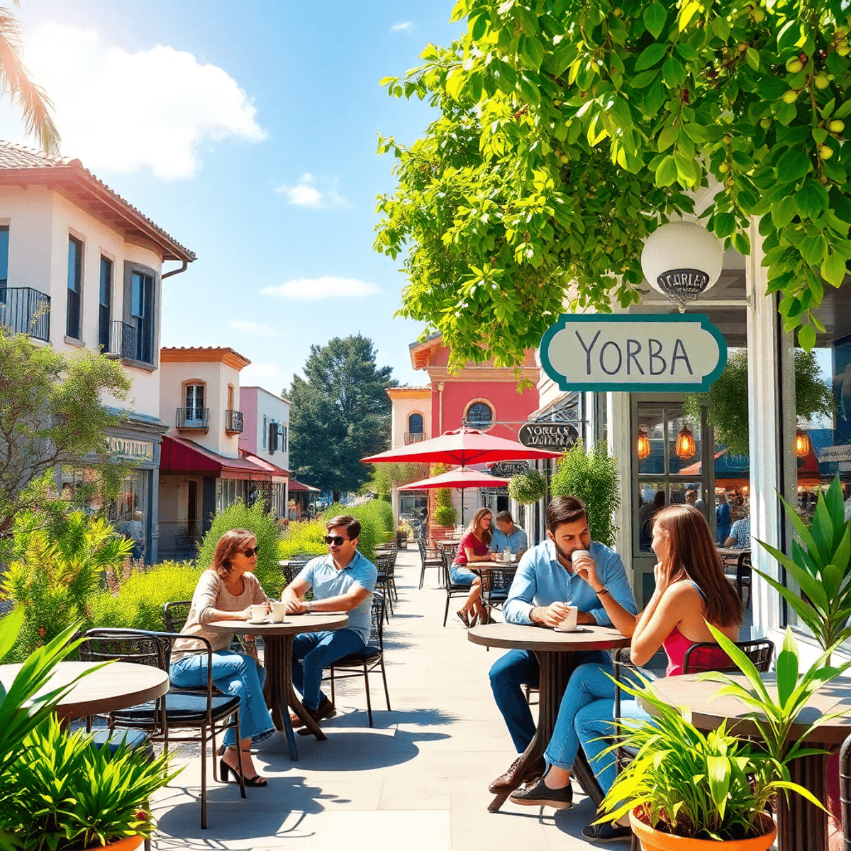 A lively outdoor cafe in Yorba Linda, California, filled with young professionals enjoying coffee amidst lush greenery and charming architecture, r...