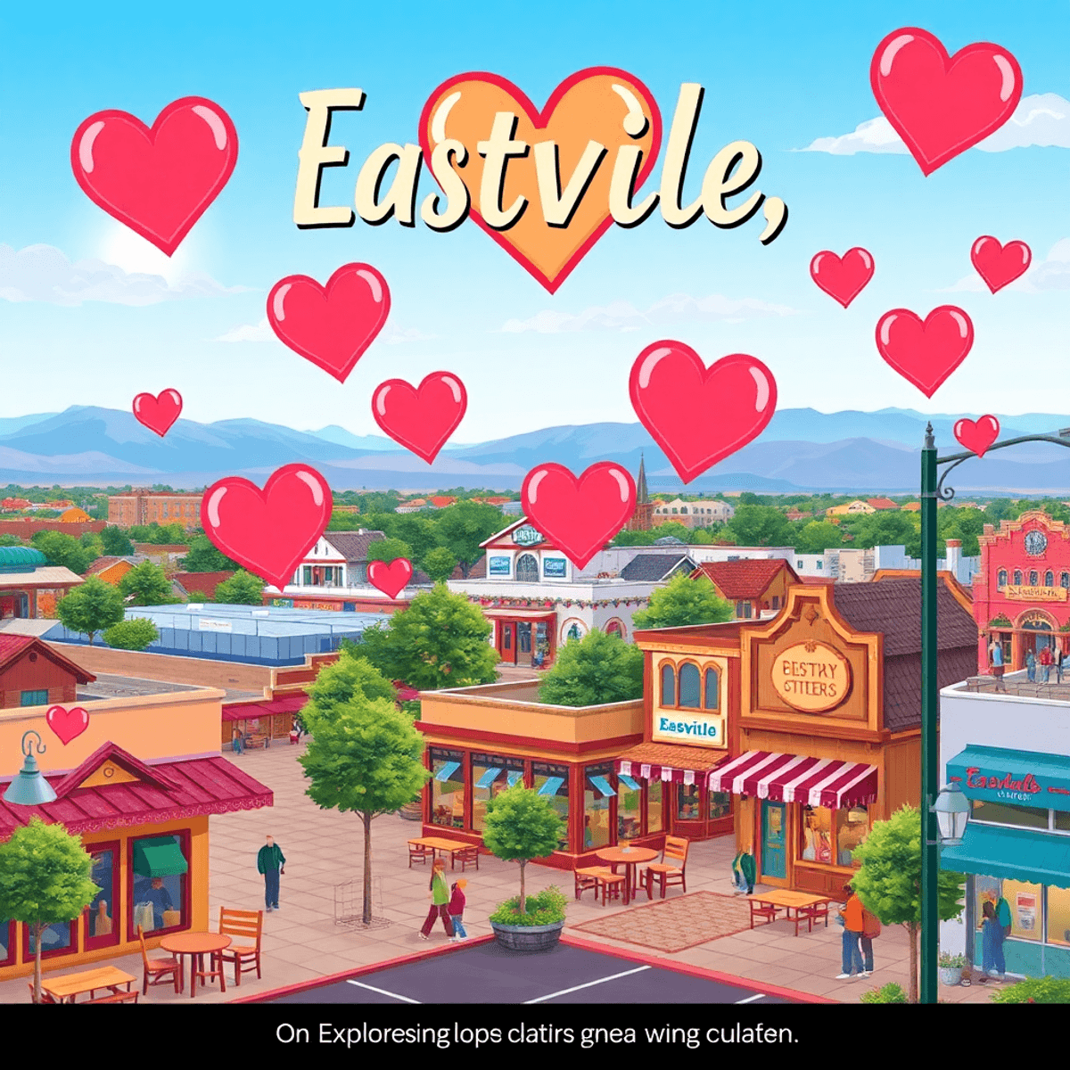 A colorful cityscape of Eastvale, California, showcasing trendy restaurants and community spots, with heart symbols subtly integrated, evoking warm...