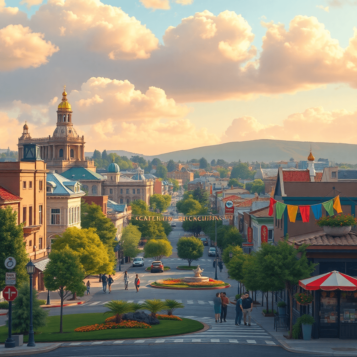 A vibrant cityscape of Dublin, California, showcasing iconic landmarks, local parks, and inviting coffee shops, with colorful banners adding warmth...
