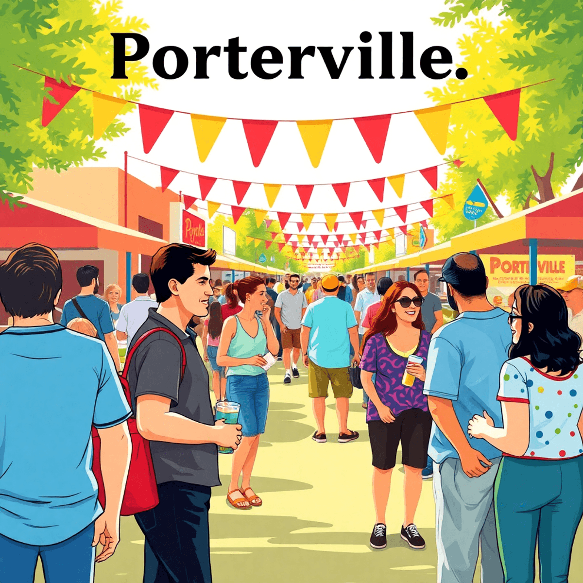 A lively outdoor community event in Porterville, California, with colorful banners, food stalls, and cheerful participants enjoying conversations a...
