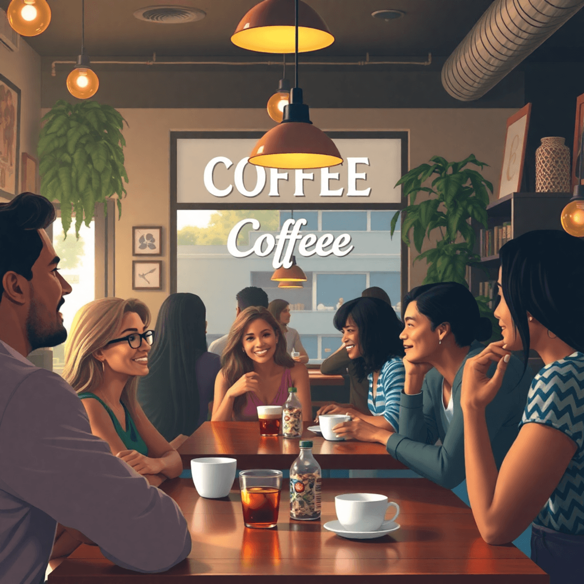 A cozy coffee shop with warm lighting, coffee cups on tables, and singles engaging in conversation, creating a welcoming atmosphere of connection a...