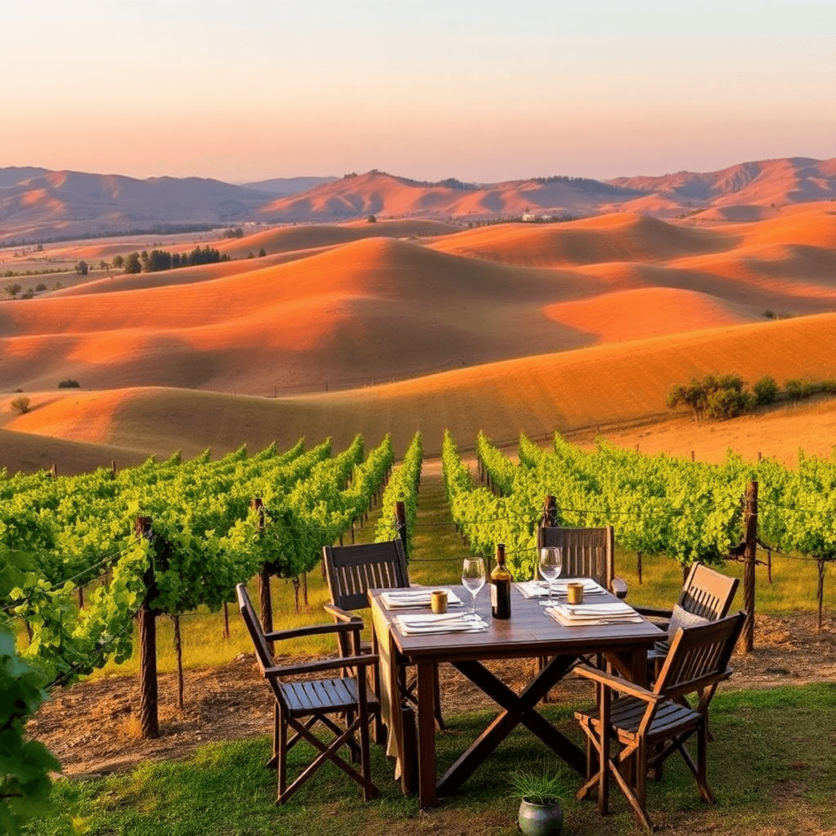 A romantic landscape of rolling hills and vineyards in Paso Robles, featuring grapevines and a cozy outdoor dining setup with cowboy hats and boots.