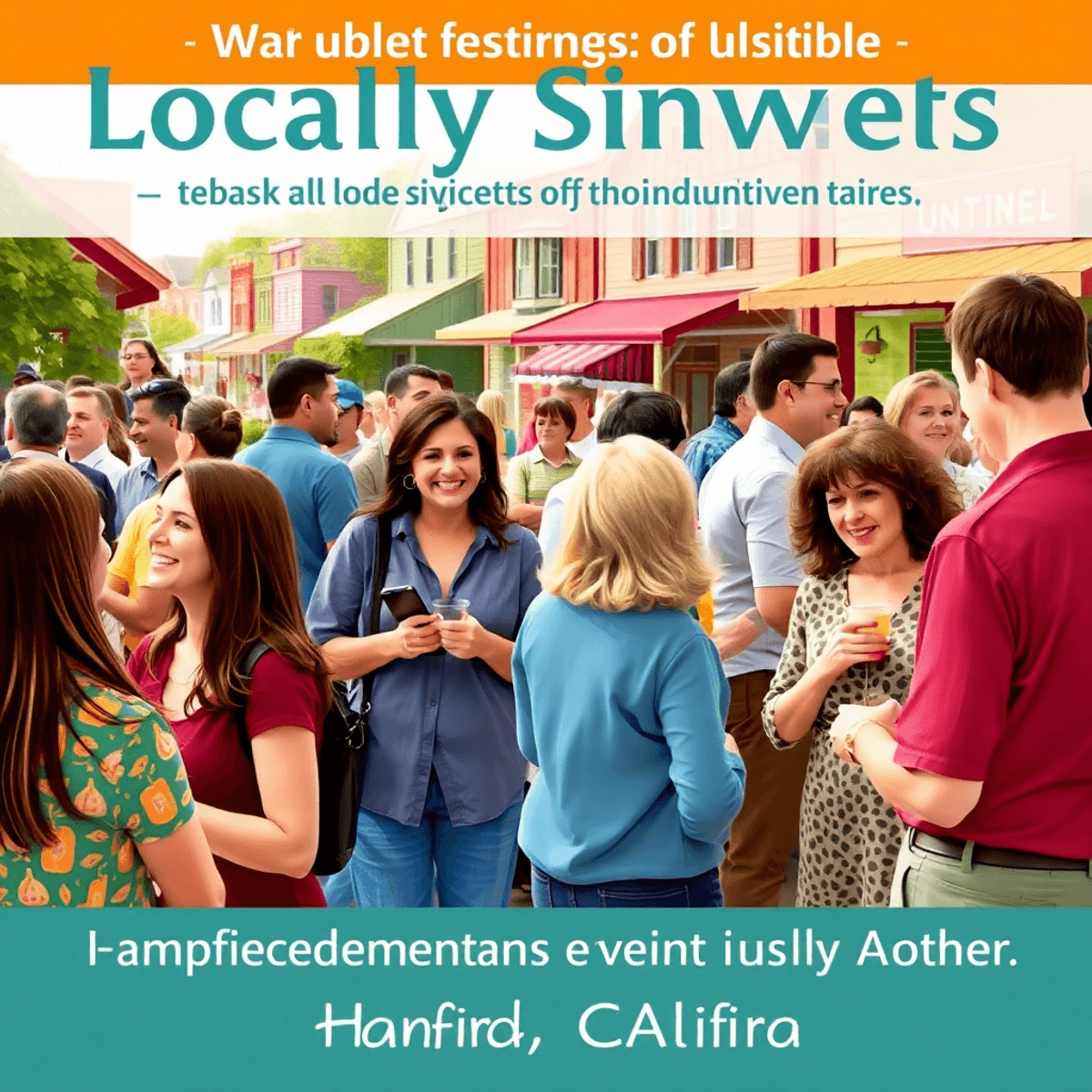A lively community event in Hanford, California, with singles chatting and enjoying the atmosphere amidst charming buildings and greenery.