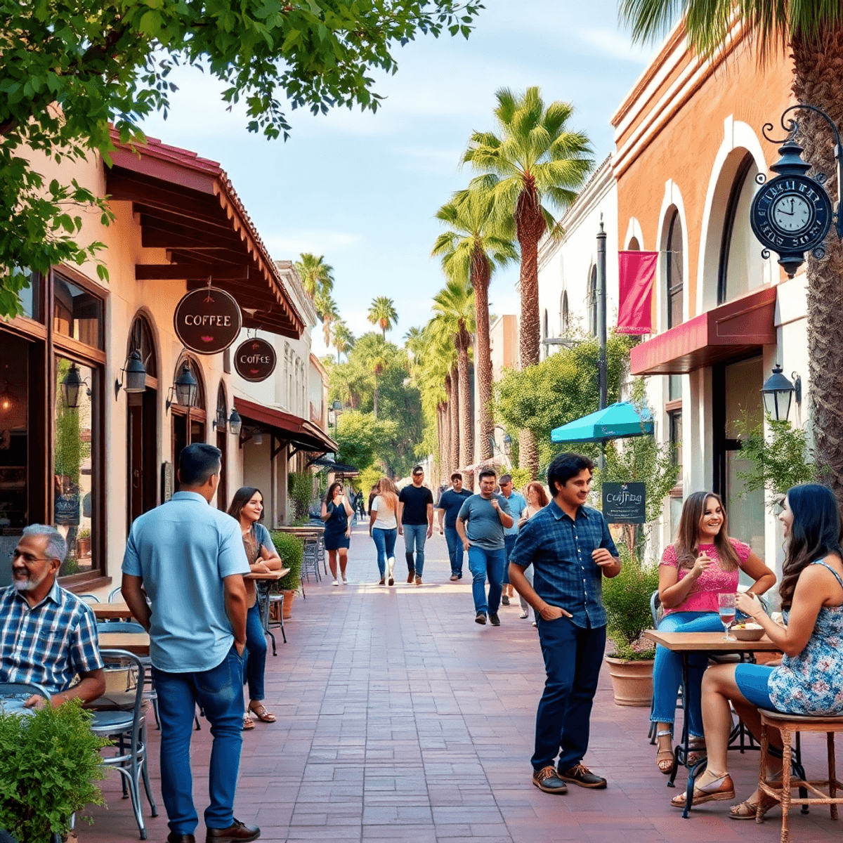 A lively Southern California street in Redlands, featuring cozy coffee shops, people chatting and laughing, historic architecture, and lush greenery.