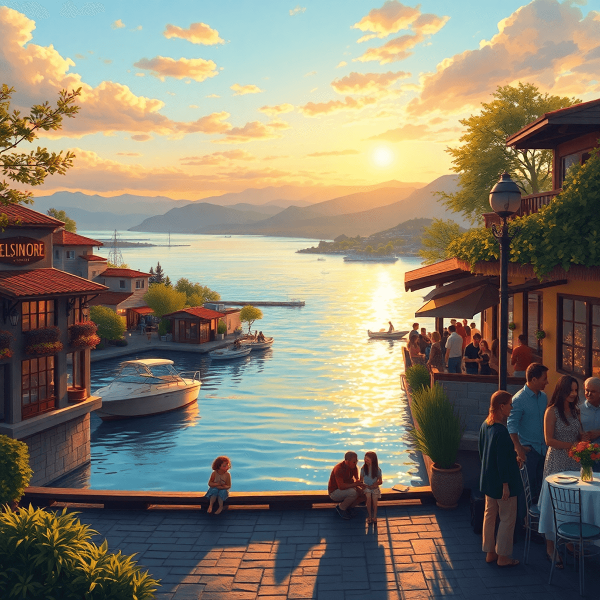 A picturesque sunset over Lake Elsinore, with shimmering waters, cozy coffee shops nearby, and people enjoying outdoor activities in a romantic, vi...