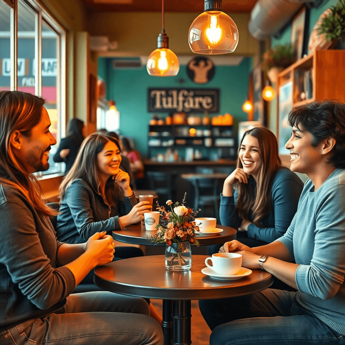 A cozy coffee shop scene with people engaged in conversation and laughter, warm lighting, coffee cups, and charming decor reflecting local culture.
