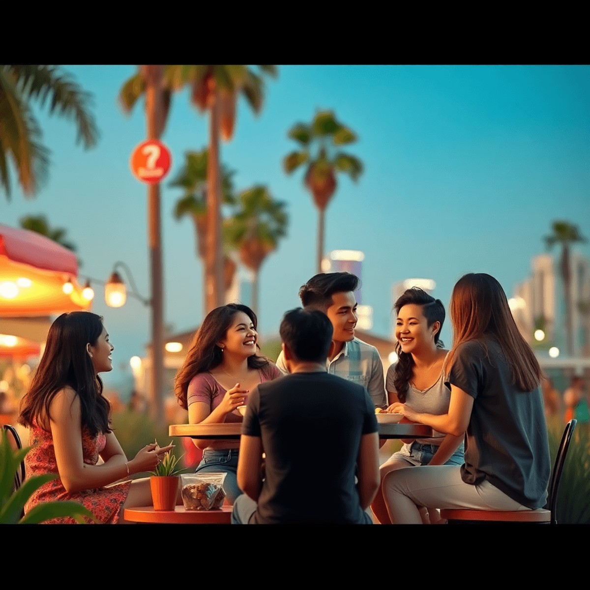 A lively outdoor gathering in Lynwood, California, with young adults enjoying traditional Mexican decorations and food, surrounded by palm trees an...