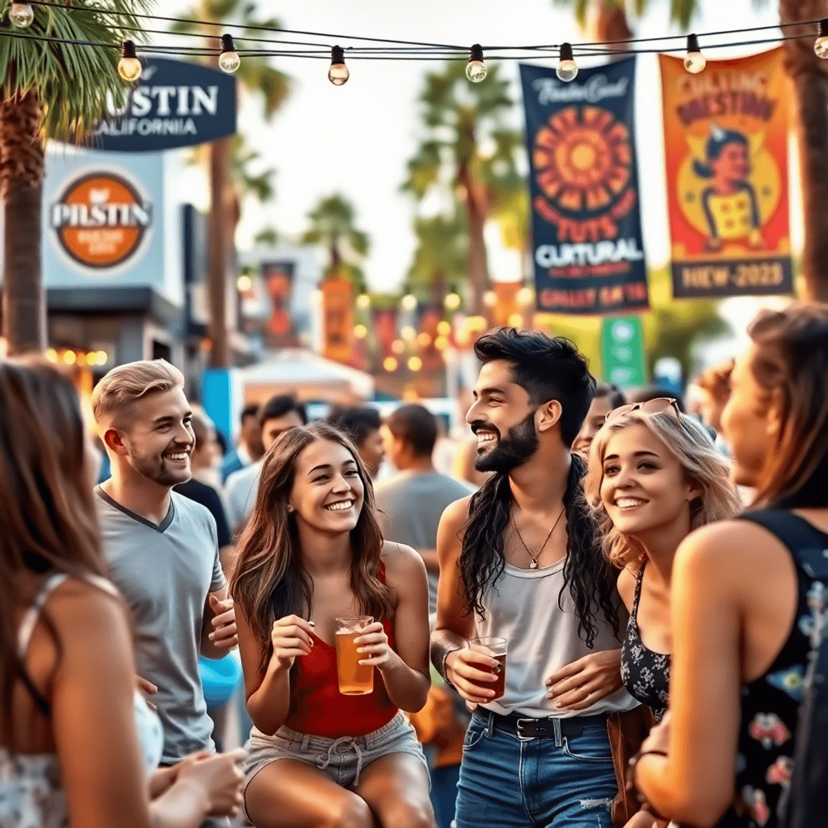 A lively outdoor gathering of young adults in Tustin, California, with breweries and event banners in the background, capturing moments of conversa...