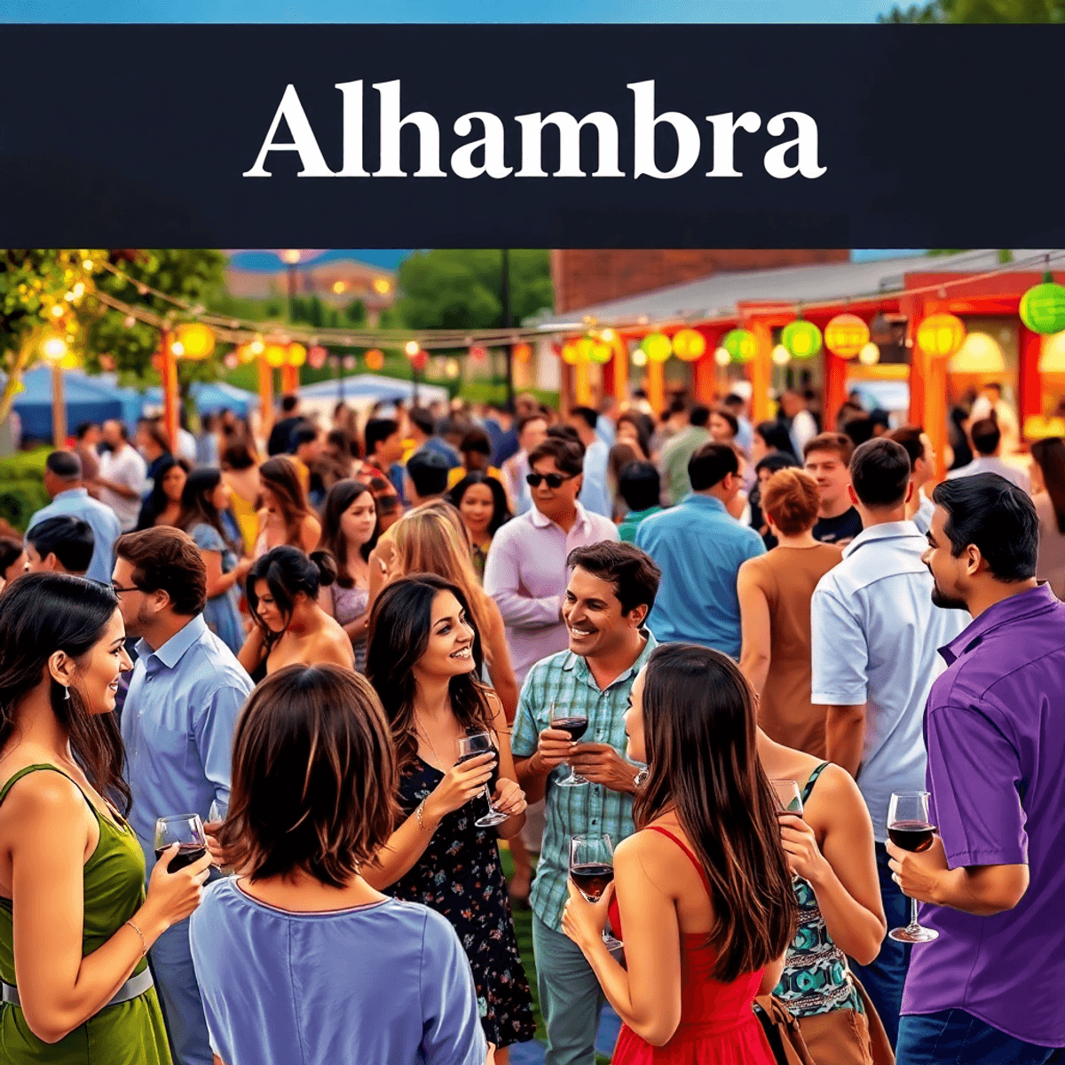 A lively outdoor social event in Alhambra, featuring singles mingling with wine glasses, colorful decorations, and a backdrop of local parks reflec...