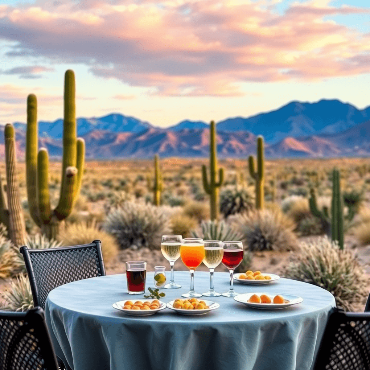 A vibrant desert landscape in Apple Valley with cacti and mountains, featuring a table set for a social gathering with drinks and appetizers, evoki...